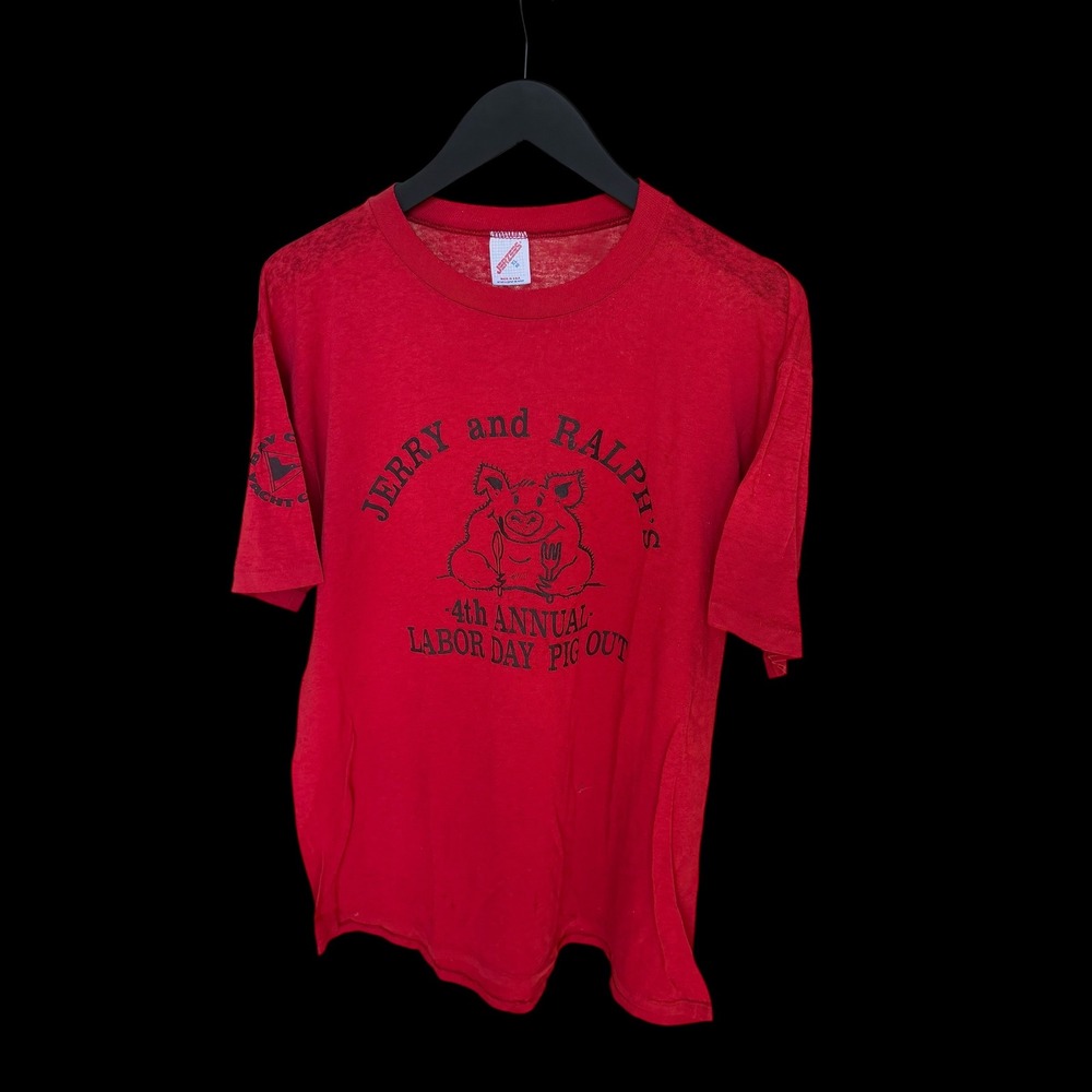 Vintage Jerzees Red Pig Out T-Shirt XL Bay City Yacht Club Labor Day Tee